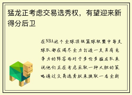 猛龙正考虑交易选秀权，有望迎来新得分后卫