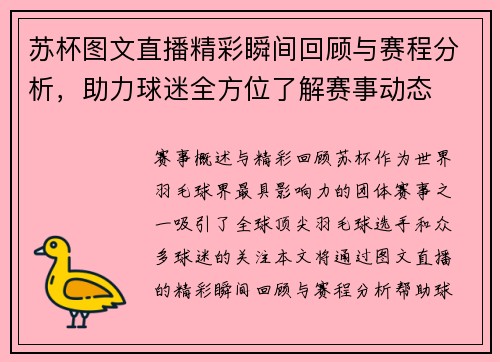 苏杯图文直播精彩瞬间回顾与赛程分析，助力球迷全方位了解赛事动态